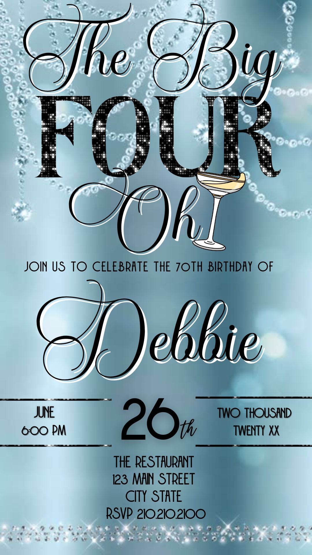 Editable baby blue champagne 40th birthday video invitation displayed on a mobile phone, featuring an animated vertical digital invite with music, created in Canva. This premium video invitation template is designed for sharing by text, email, and social media and works with an interactive RSVP website for easy guest response tracking.