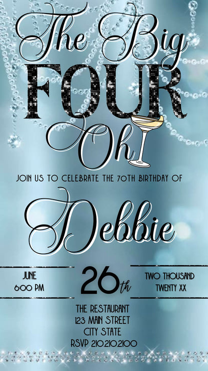 Editable baby blue champagne 40th birthday video invitation displayed on a mobile phone, featuring an animated vertical digital invite with music, created in Canva. This premium video invitation template is designed for sharing by text, email, and social media and works with an interactive RSVP website for easy guest response tracking.
