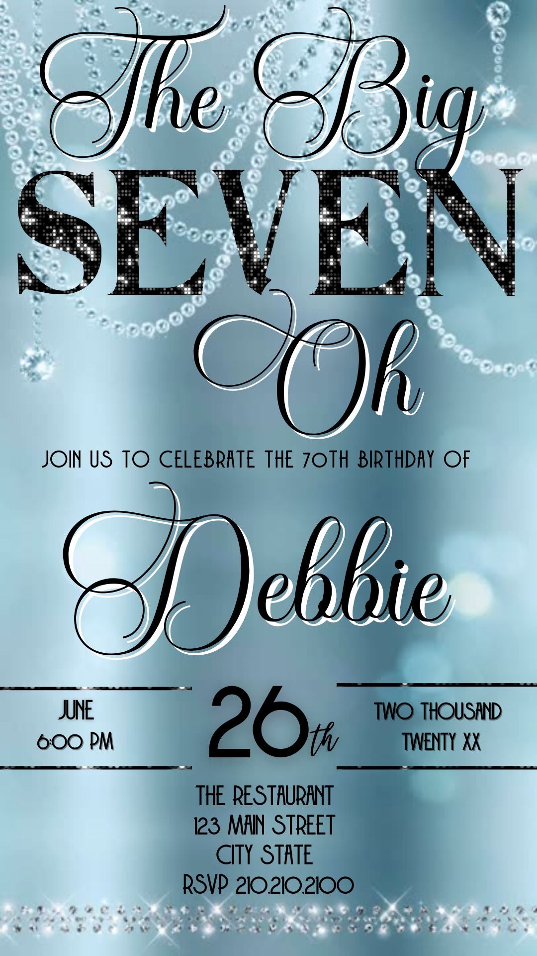Editable baby blue elegant 70th birthday video invitation displayed on a mobile phone, featuring an animated vertical digital invite with music, created in Canva. This premium video invitation template is designed for sharing by text, email, and social media and works with an interactive RSVP website for easy guest response tracking.