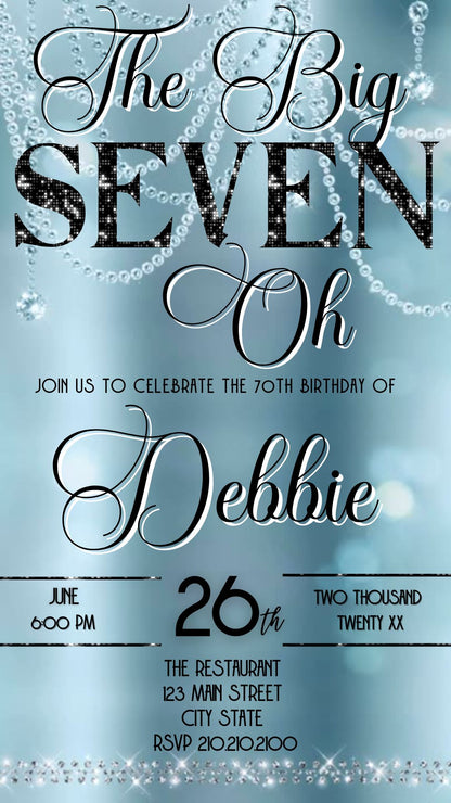 Editable baby blue elegant 70th birthday video invitation displayed on a mobile phone, featuring an animated vertical digital invite with music, created in Canva. This premium video invitation template is designed for sharing by text, email, and social media and works with an interactive RSVP website for easy guest response tracking.