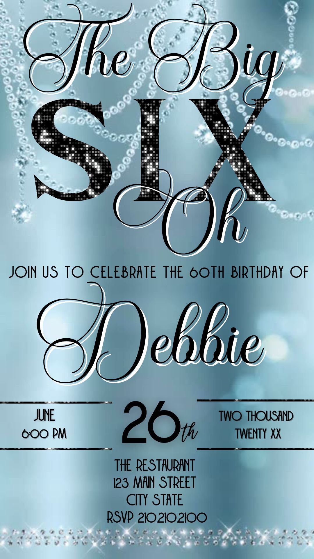 Editable baby blue elegant 60th birthday video invitation displayed on a mobile phone, featuring an animated vertical digital invite with music, created in Canva. This premium video invitation template is designed for sharing by text, email, and social media and works with an interactive RSVP website for easy guest response tracking.