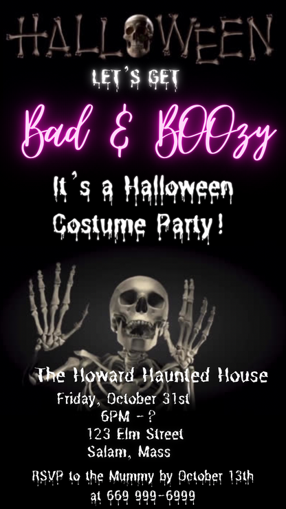 Halloween Video Invitation | Skeleton Animated Invite | Editable Halloween Bad and boozy Mobile Evite