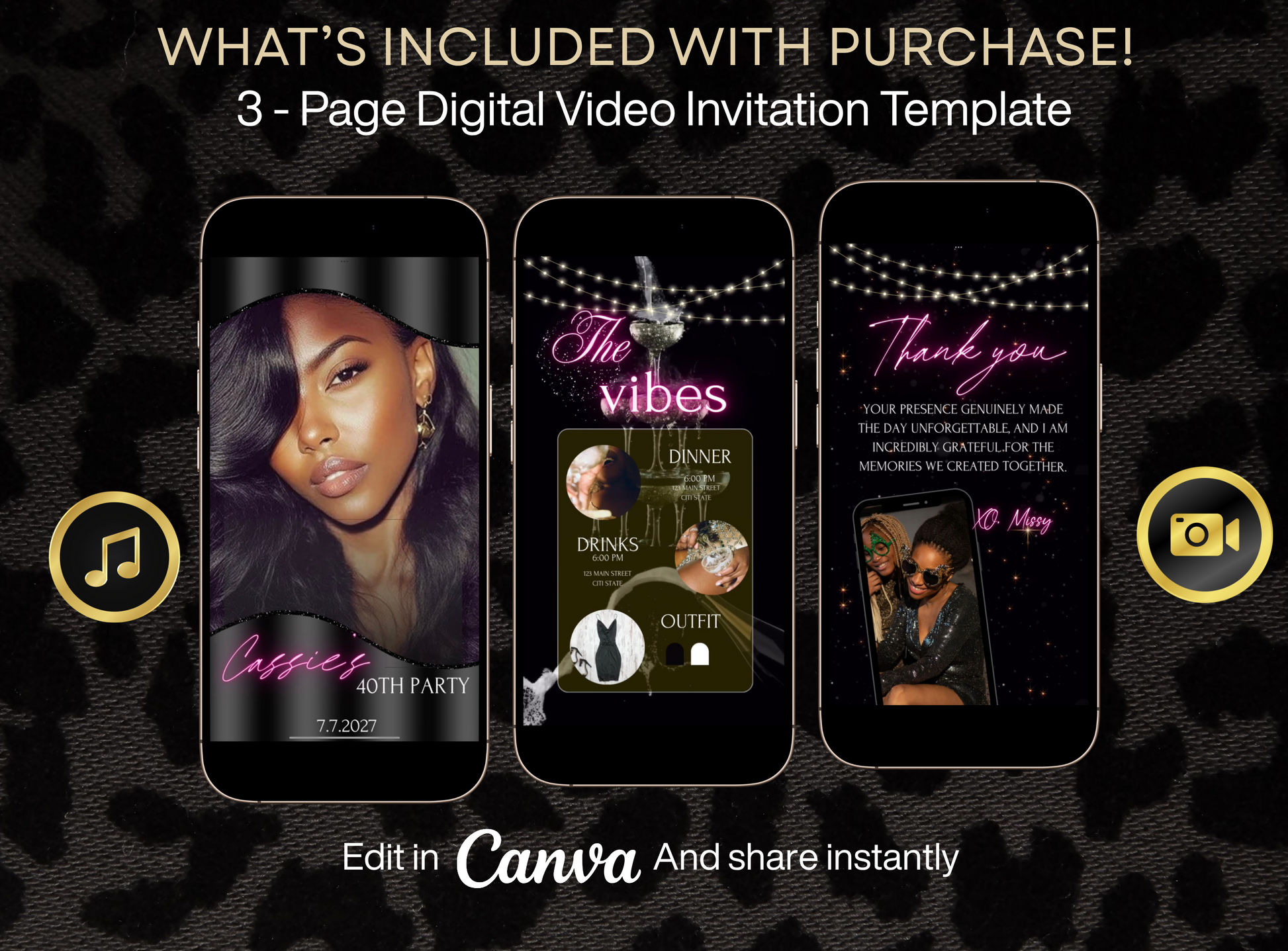 Birthday dinner video Invite Glamorous black and pink birthday video invitation for a party with editable Canva templates. Includes a chic neon pink script title, itinerary with drink and dinner times, outfit suggestion in black and white, and thank you message with string lights and photo collage. Stylish and mobile-friendly vertical layout for texting or social sharing.
