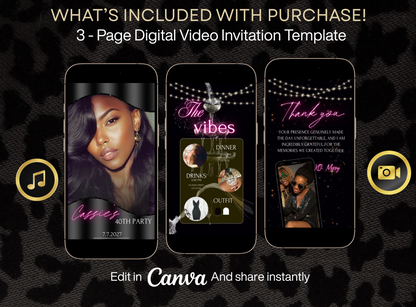 Birthday dinner video Invite Glamorous black and pink birthday video invitation for a party with editable Canva templates. Includes a chic neon pink script title, itinerary with drink and dinner times, outfit suggestion in black and white, and thank you message with string lights and photo collage. Stylish and mobile-friendly vertical layout for texting or social sharing.
