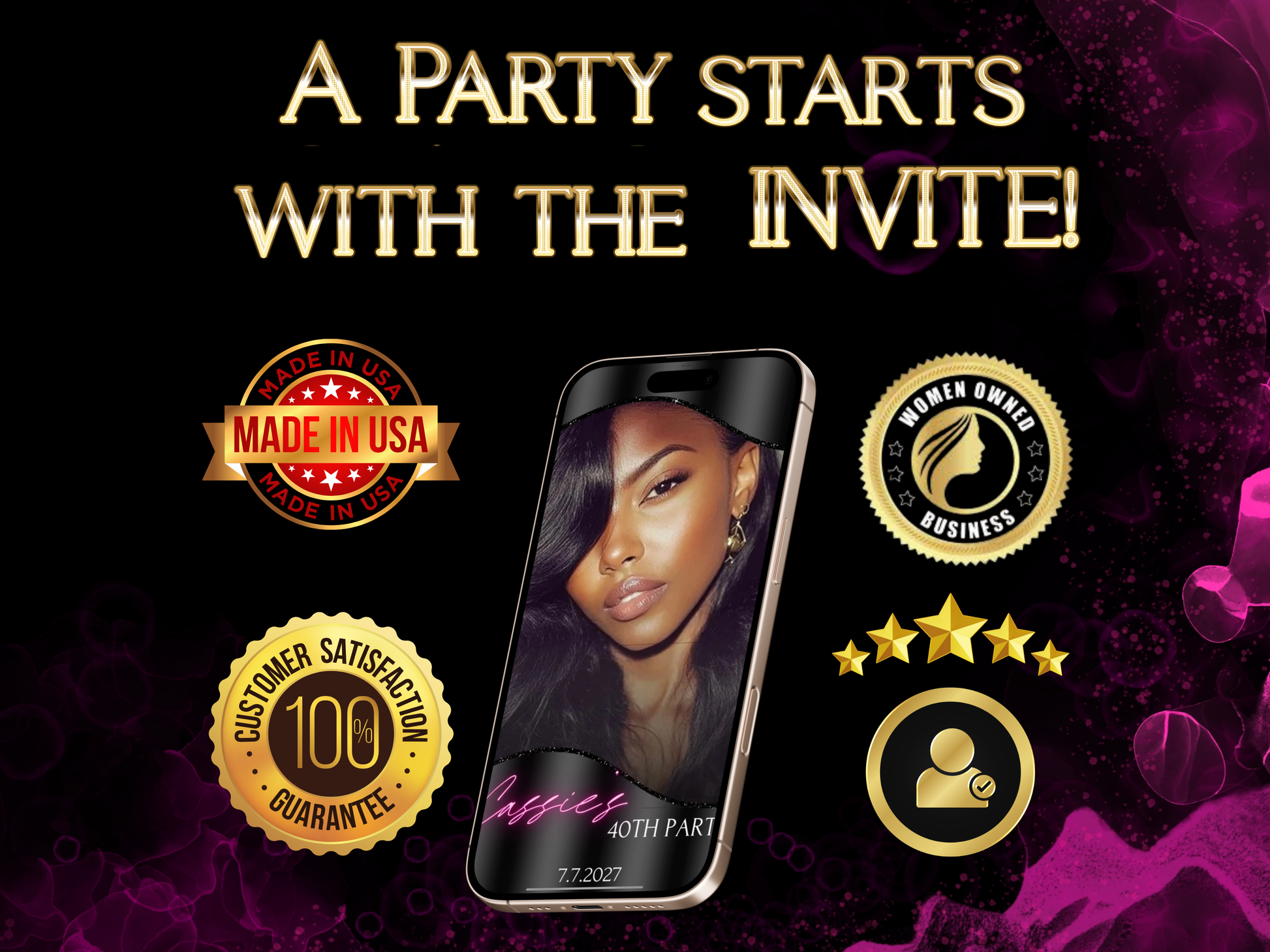 Birthday dinner video Invite Glamorous black and pink birthday video invitation for a party with editable Canva templates. Includes a chic neon pink script title, itinerary with drink and dinner times, outfit suggestion in black and white, and thank you message with string lights and photo collage. Stylish and mobile-friendly vertical layout for texting or social sharing.

