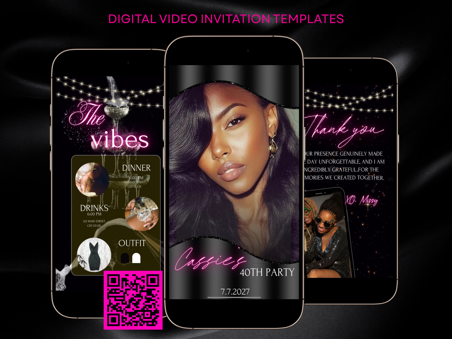 Birthday dinner video Invite Glamorous black and pink birthday video invitation for Cassie’s party with editable Canva templates. Includes a chic neon pink script title, itinerary with drink and dinner times, outfit suggestion in black and white, and thank you message with string lights and photo collage. Stylish and mobile-friendly vertical layout for texting or social sharing.
