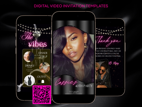 Birthday dinner video Invite Glamorous black and pink birthday video invitation for Cassie’s party with editable Canva templates. Includes a chic neon pink script title, itinerary with drink and dinner times, outfit suggestion in black and white, and thank you message with string lights and photo collage. Stylish and mobile-friendly vertical layout for texting or social sharing.
