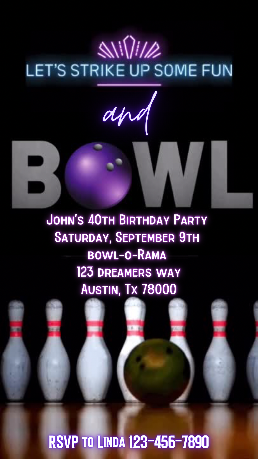 Bowling party video evite Animated let’s strike up some fun invite