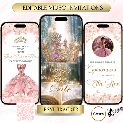 Pink Quinceanera Video Invite Animated Sweet 15 Quince Mobile Evite with RSVP tracking