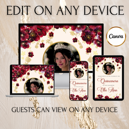 Burgundy Quinceanera Video Invite Animated Sweet 15 Chic Red Rose Mobile Evite with RSVP tracking