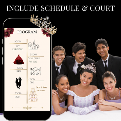Elegant editable burgundy quinceañera or Sweet 16 video invitation template designed in Canva. Perfect for mobile evites, this digital invite features rich floral details, gold accents, RSVP tracking, and easy customization. Instantly personalize with your event details, music, and photos for a stunning celebration. Ideal for birthdays, quince fiestas, and milestone parties.