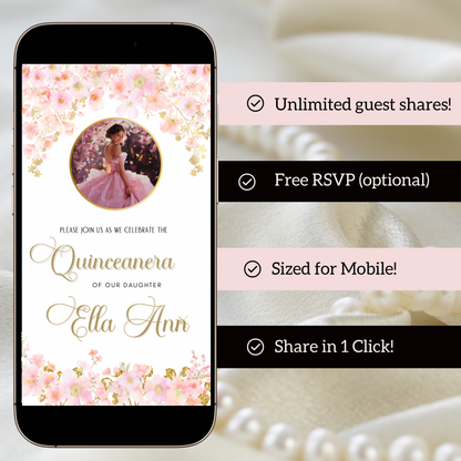 Pink Quinceanera Video Invite Animated Sweet 15 Quince Mobile Evite with RSVP tracking