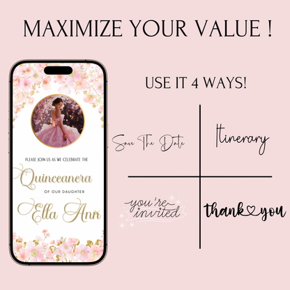 Pink Quinceanera Video Invite Animated Sweet 15 Quince Mobile Evite with RSVP tracking