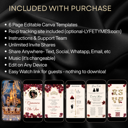 Elegant editable burgundy quinceañera or Sweet 16 video invitation template designed in Canva. Perfect for mobile evites, this digital invite features rich floral details, gold accents, RSVP tracking, and easy customization. Instantly personalize with your event details, music, and photos for a stunning celebration. Ideal for birthdays, quince fiestas, and milestone parties.