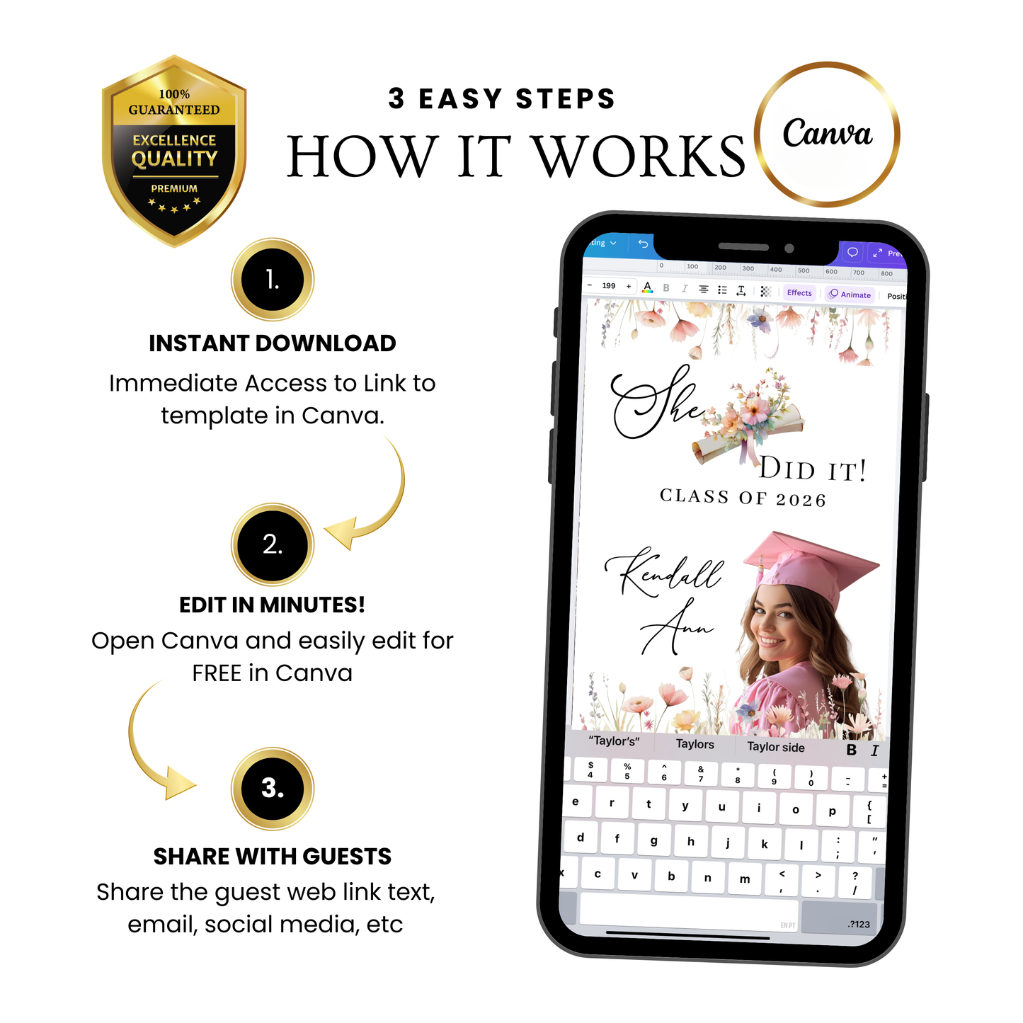 Graduation Party Video Invitation | Spring Floral Graduation Invite for Her | Editable Online RSVP Evite Canva Template