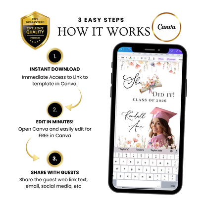 Graduation Party Video Invitation | Spring Floral Graduation Invite for Her | Editable Online RSVP Evite Canva Template