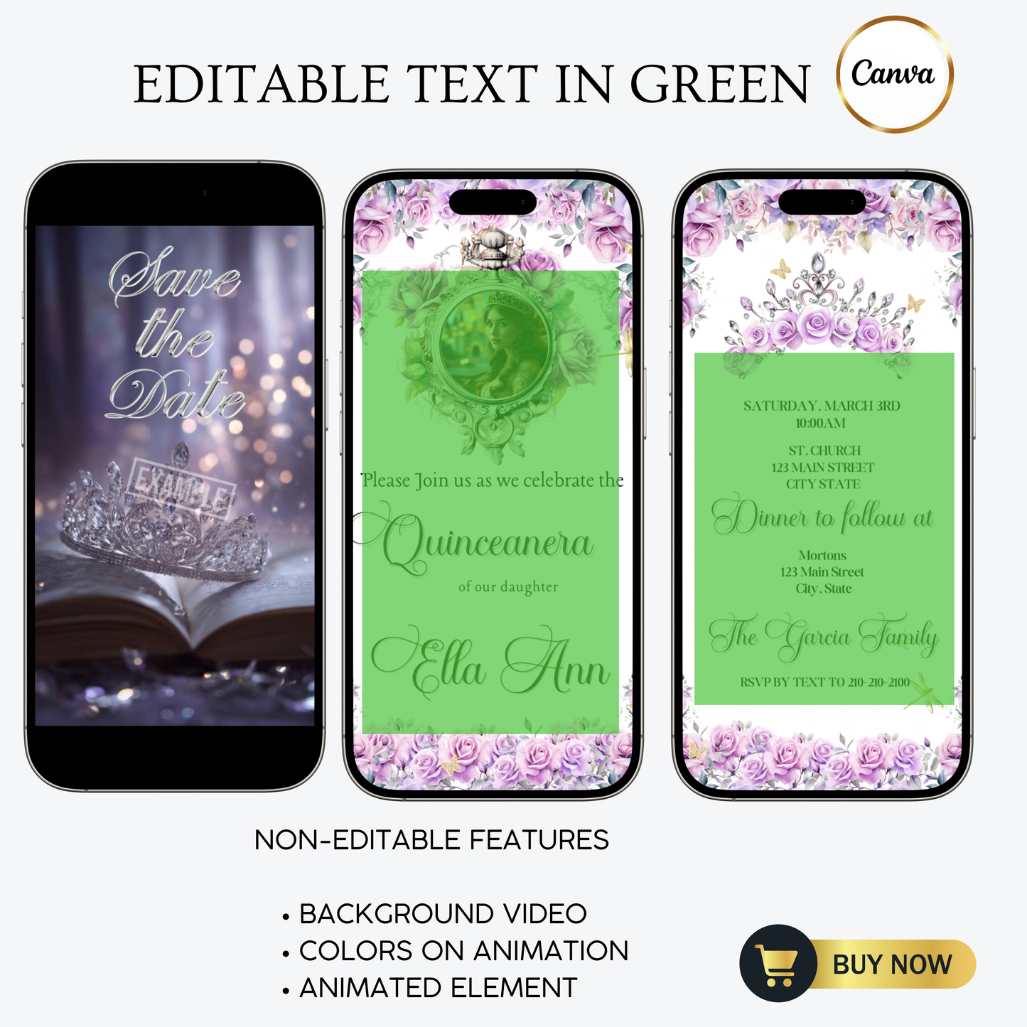 Lilac Quinceanera Video Invite | Animated Sweet 15 Quince Invite | Editable Canva Evite Template