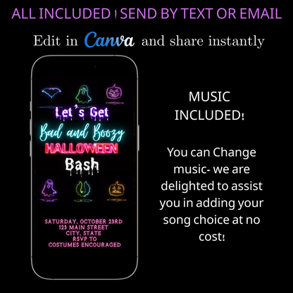 Halloween-Videoeinladung, animierte Neon-Halloween-Einladung, bearbeitbare mobile Halloween-Party-Einladung
