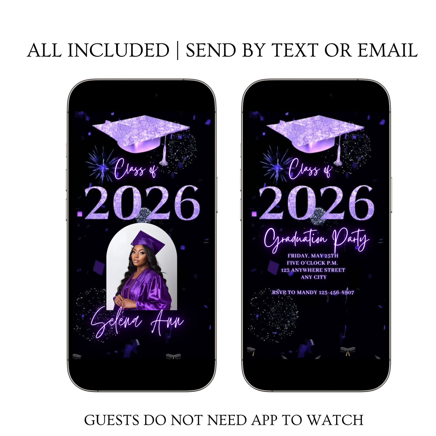 Graduation Party Video Invitation | Purple and Black Graduation Invite for Her | Editable Online RSVP Evite Canva Template