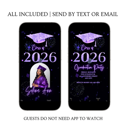Graduation Party Video Invitation | Purple and Black Graduation Invite for Her | Editable Online RSVP Evite Canva Template