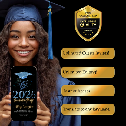Blue Graduation Party Video Invitation | Class of 2026 Photo Invite | Editable Online RSVP Evite Canva Template