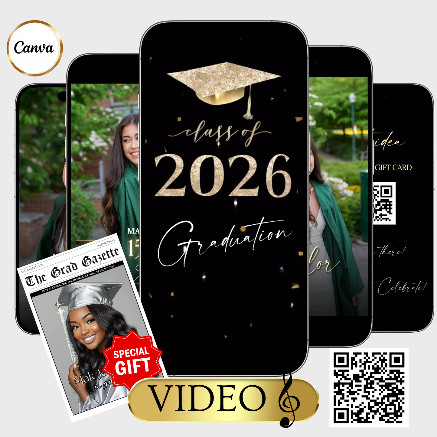 2026 Graduation Party Video Invitation | Digital Gold Graduation Invite | Editable Online RSVP Evite Canva Template