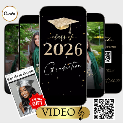 2026 Graduation Party Video Invitation | Digital Gold Graduation Invite | Editable Online RSVP Evite Canva Template