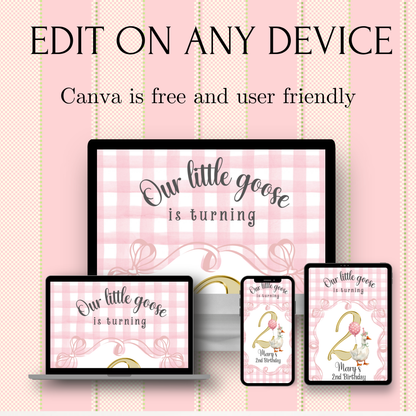 Videoeinladung zur Pink Silly Goose Party | Digitale Einladung zum 1. Geburtstag für Mädchen | Bearbeitbare Canva-Vorlage
