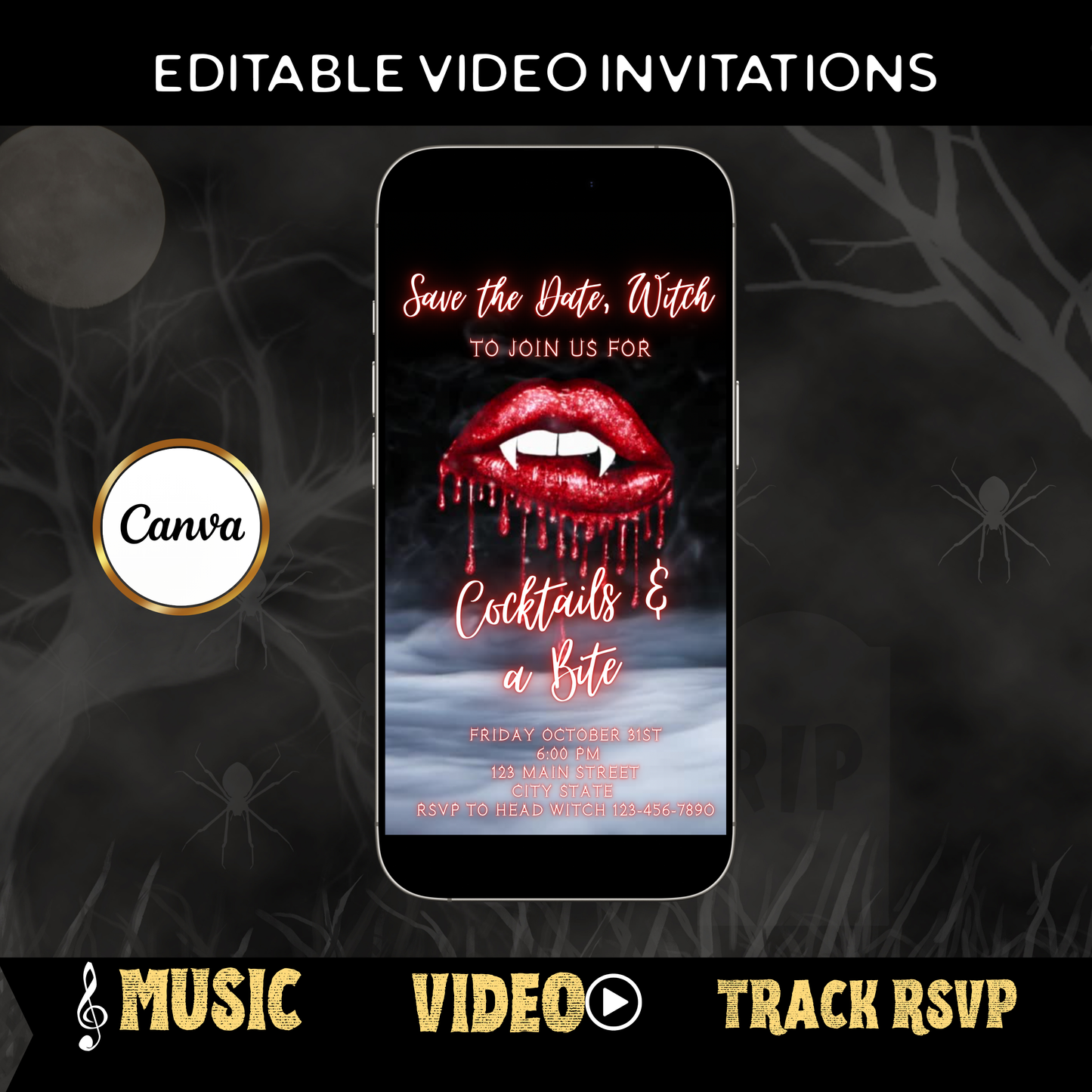 Halloween-Videoeinladung, animierte Einladung mit Vampirlippen, bearbeitbare mobile Halloween-Party-Einladung