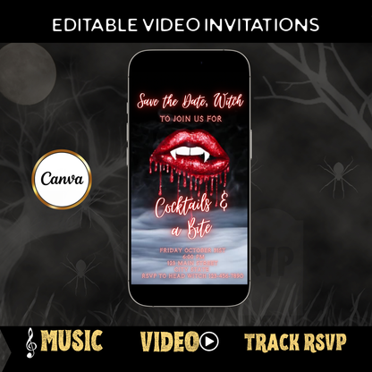 Halloween-Videoeinladung, animierte Einladung mit Vampirlippen, bearbeitbare mobile Halloween-Party-Einladung