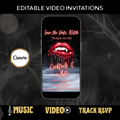Halloween-Videoeinladung, animierte Einladung mit Vampirlippen, bearbeitbare mobile Halloween-Party-Einladung