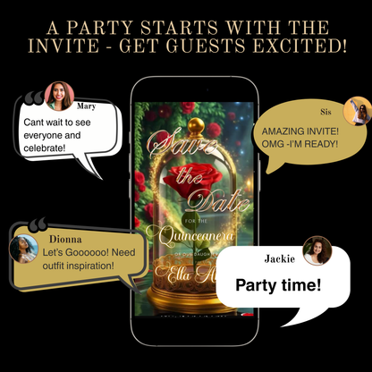 Beauty and the Beast Red Rose Video Invite | Digital Princess Quinceanera Invite | Editable Canva Evite Template