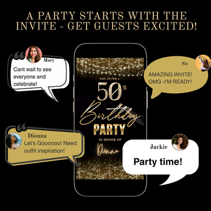 Videoeinladung zum 50. Geburtstag | Elegante digitale Champagner-Einladung (animiert) | Bearbeitbare Canva-Vorlage
