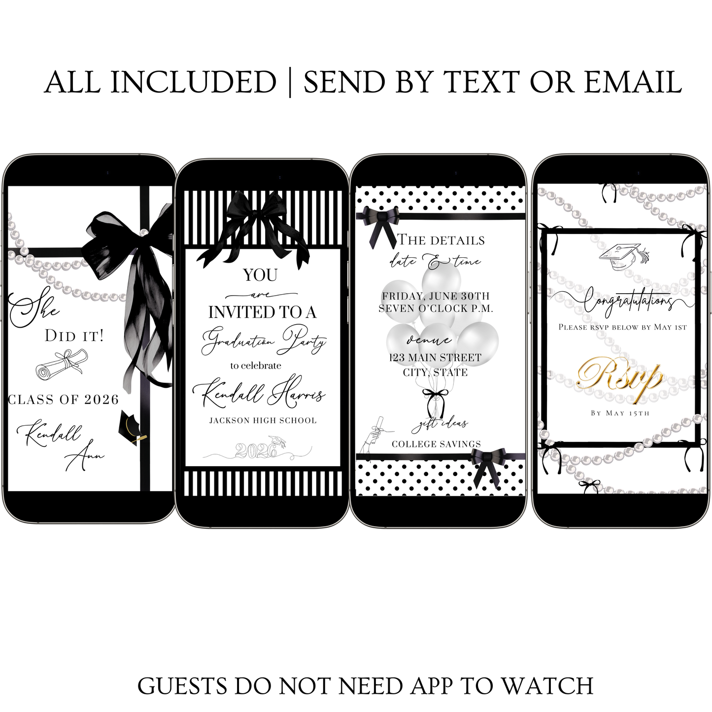 Graduation Party Video Invitation | White and Black Bow Graduation Invite for Her | Editable Online RSVP Evite Canva Template