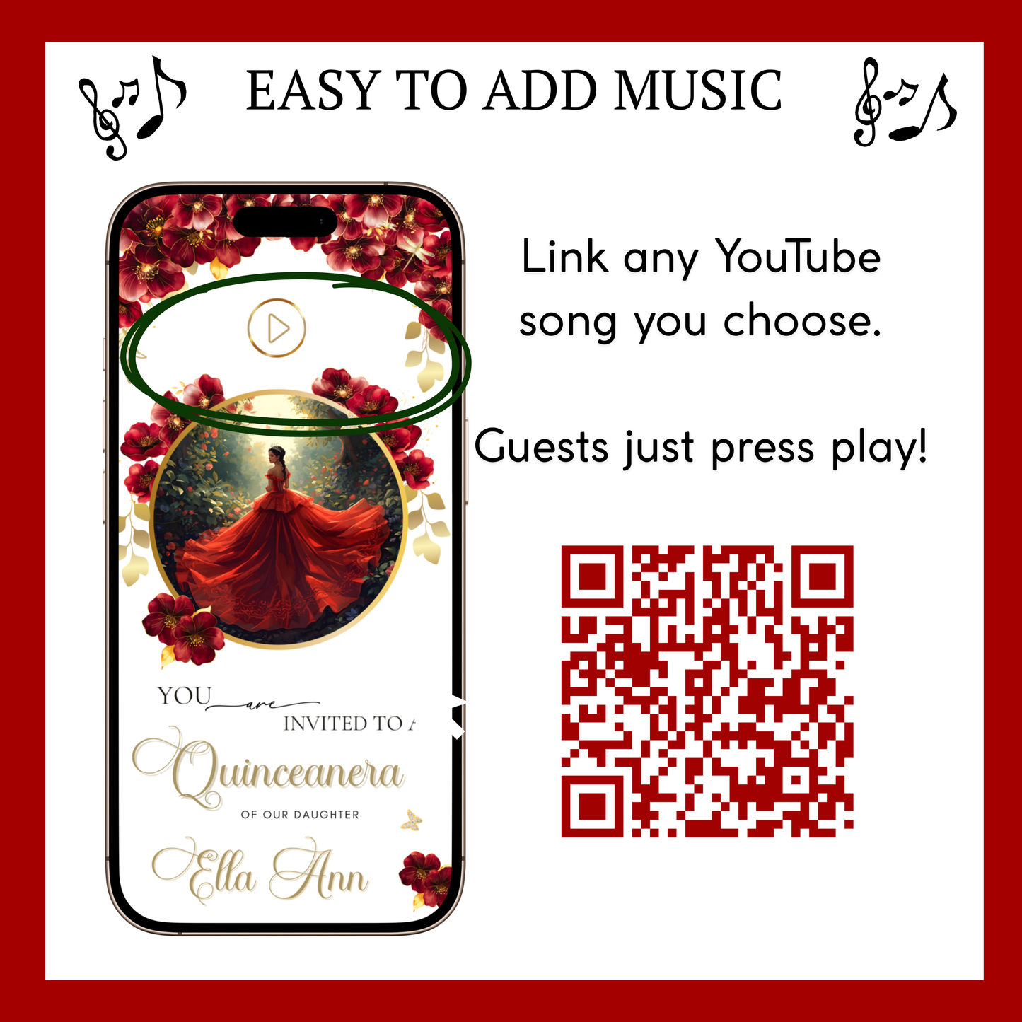 Red Quinceanera mini-Website RSVP tracker| Animated Sweet 15 16 Video Invitation | Canva Template