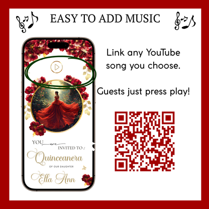 Red Quinceanera mini-Website RSVP tracker| Animated Sweet 15 16 Video Invitation | Canva Template