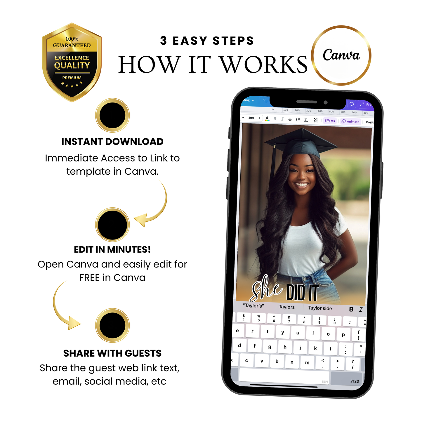 Gold Graduation Party Video Invitation | Digital Graduation Announcement Invite | Editable Canva Evite Template