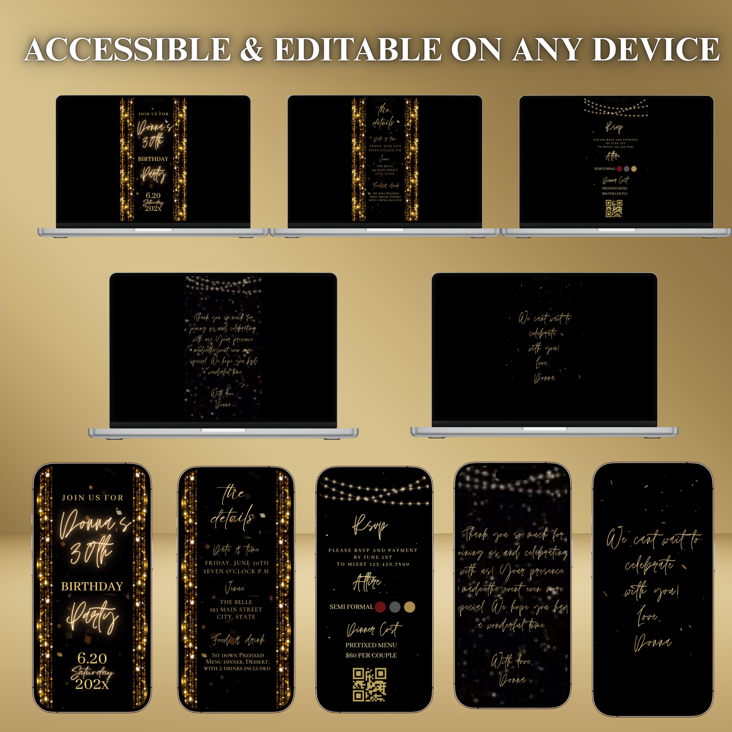 Gold Birthday Dinner Video Invitation | Digital Luxe Birthday Mobile Invite | Editable Animated Gold Glitter