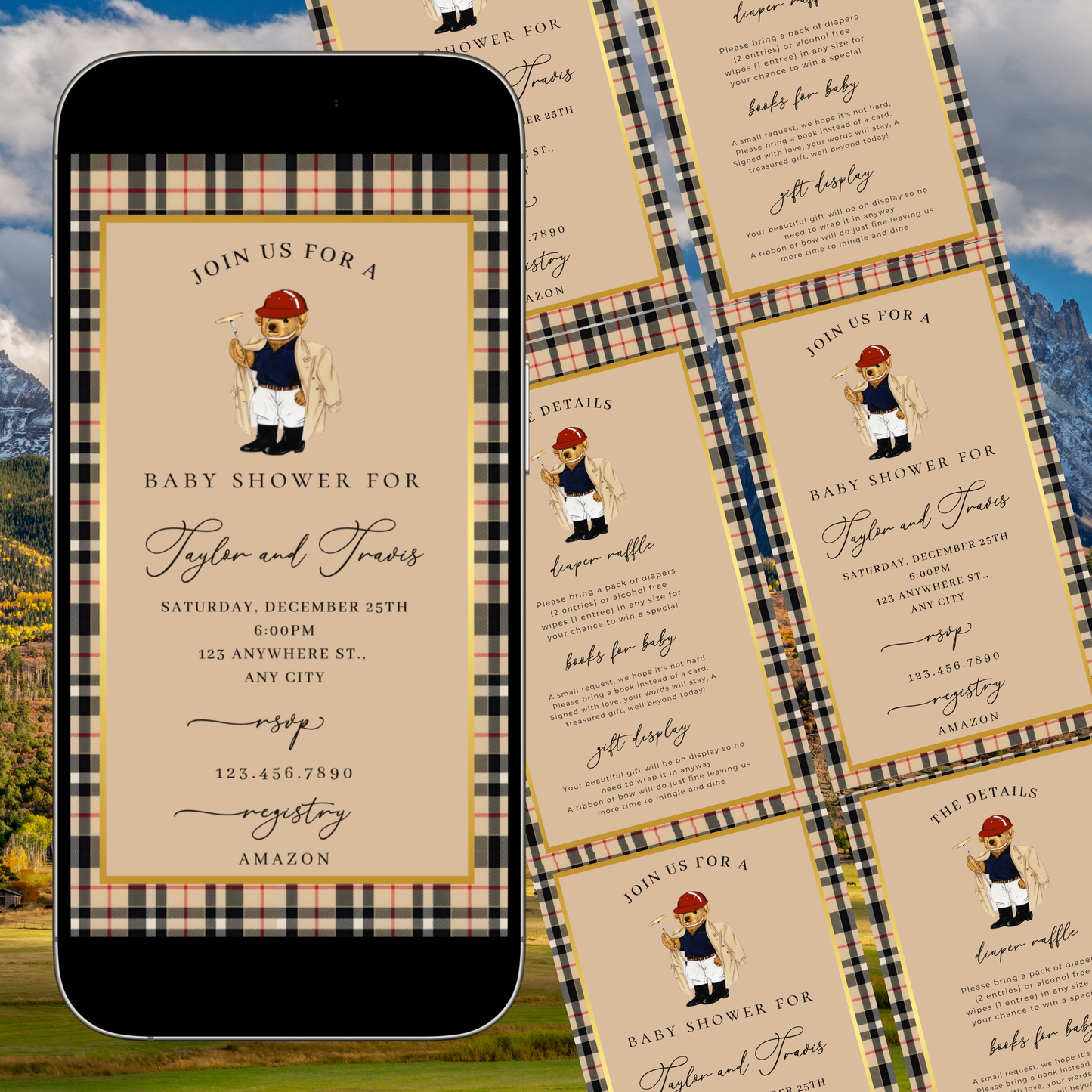 Polo Bear Baby Shower Video Invitation | Digital Burberry Plaid Invite | Editable Canva Template