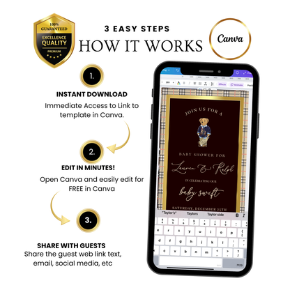 Polo Bear Baby Shower Video Invitation | Digital Ralph Lauren Plaid Invite | Editable Canva Template