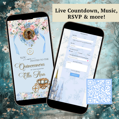 Cinderella Quinceanera Website Invite |  Sweet 15 16 Evite RSVP tracker Video Invitation | Canva Template