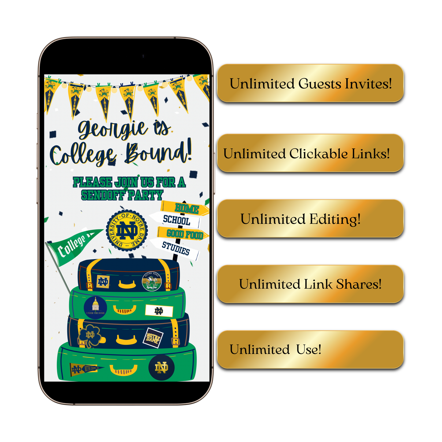 Bearbeitbare Videoeinladung zum Abschied vom Notre Dame College | Fighting Irish Party | E-Einladung zur Abschlussfeier der University of Notre Dame