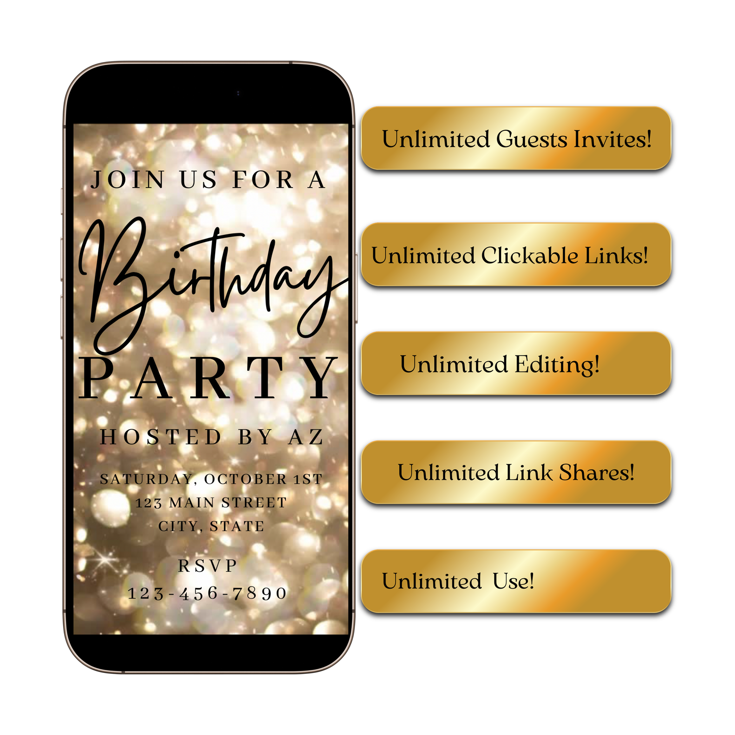 Gold Video Invitation | Animated Birthday Digital Evite | Editable Canva Invite Template