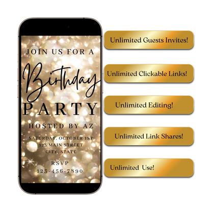 Gold Video Invitation | Animated Birthday Digital Evite | Editable Canva Invite Template