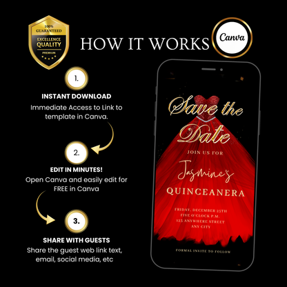 Red Quinceanera Video Invite | Sweet 15 16 Quince RSVP Tracker | Editable Canva Evite Template