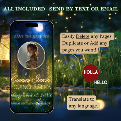 Enchanted Forest Quinceanera Video Invite | Animated Sweet 15 16 Save the Date Evite | Editable Canva Evite Template