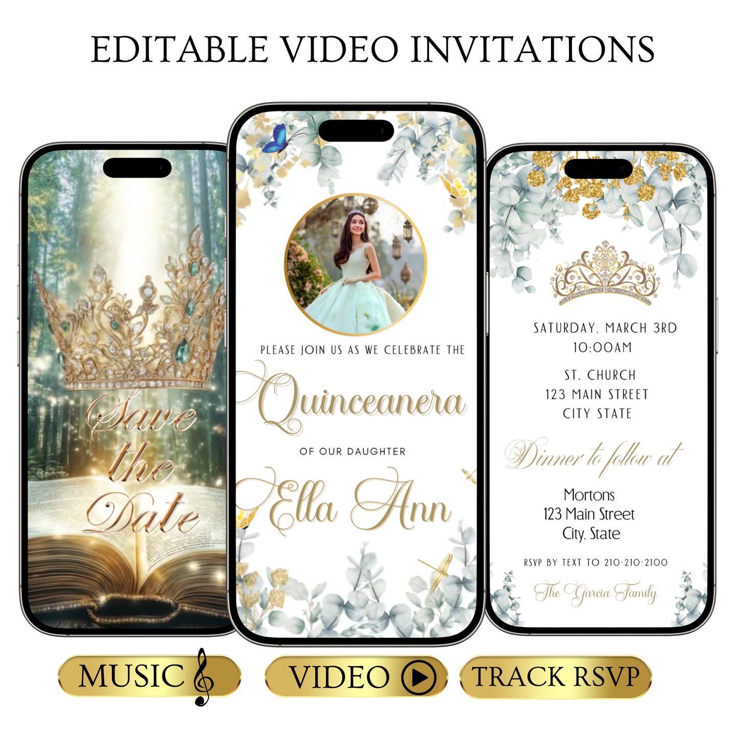 Quinceanera Video Invite | Editable Sweet 15 Birthday Sweet 16 Canva Evite Template