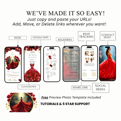 Red Quinceanera mini-Website RSVP tracker| Animated Sweet 15 16 Video Invitation | Canva Template