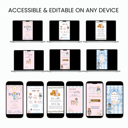 Einladung zur Babyparty mit Polo-Bär | Interaktive RSVP-Website | Bearbeitbare Canva-Vorlage