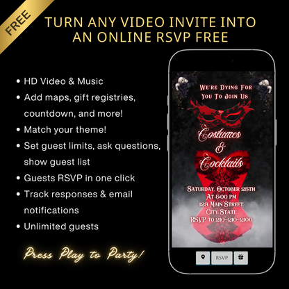 Halloween Video Invitation, Sexy Masquerade Animated Invite, Editable Halloween Party Mobile Evite